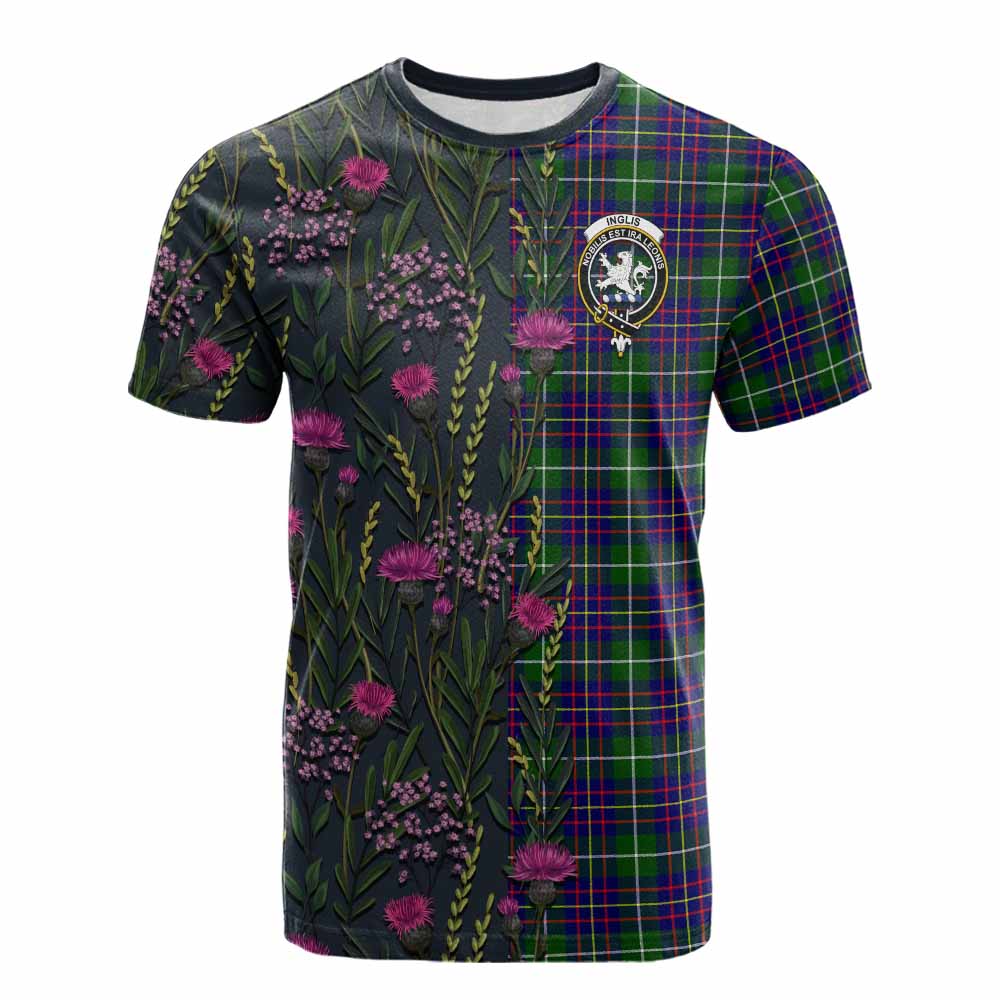 Inglis Family Crest Tartan Cotton T-shirt Scottish Thistle Flower Pattern Half Style - Tartan Vibes Clothing