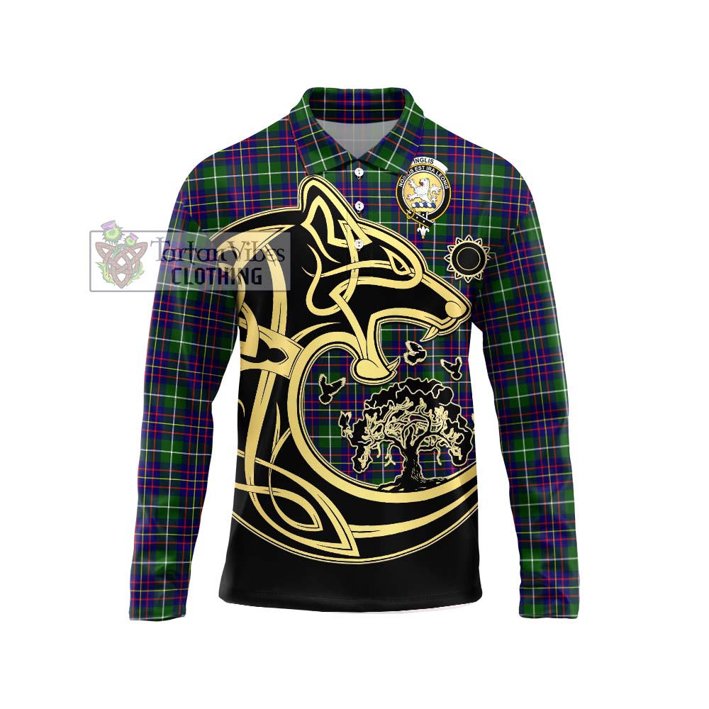 Inglis Tartan Long Sleeve Polo Shirt with Family Crest Celtic Wolf Style Unisex - Tartan Vibes Clothing