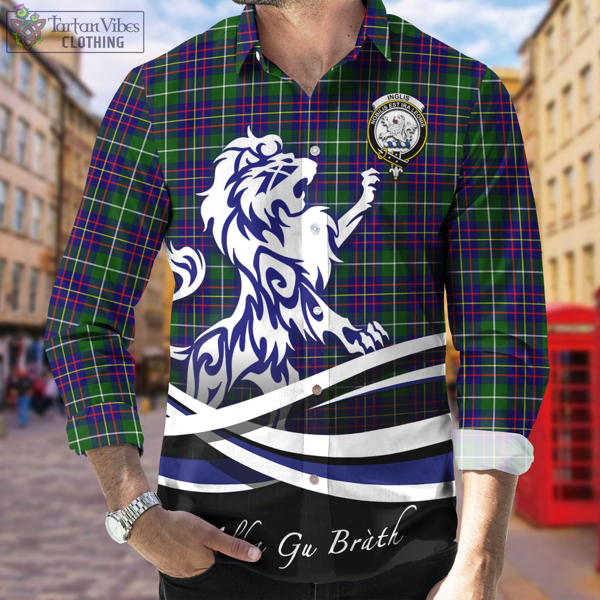 Inglis Tartan Long Sleeve Button Up Shirt with Alba Gu Brath Regal Lion Emblem Men's Shirt - Tartan Vibes Clothing