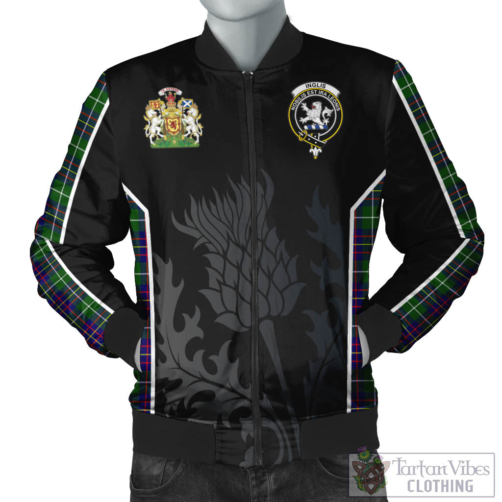 Inglis Tartan Bomber Jacket with Family Crest and Scottish Thistle Vibes Sport Style Unisex Black - Tartan Vibes Clothing