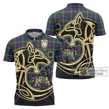 Inglis Tartan Zipper Polo Shirt with Family Crest Celtic Wolf Style Unisex - Tartan Vibes Clothing