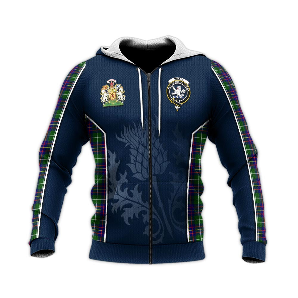 Tartan Vibes Clothing Inglis Modern Tartan Knitted Hoodie with Family Crest and Scottish Thistle Vibes Sport Style