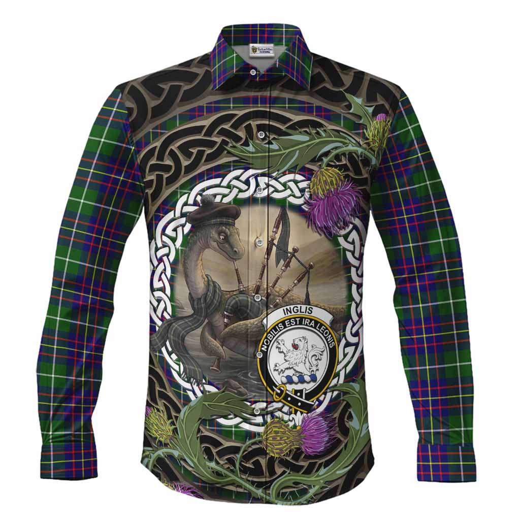 Inglis Tartan Crest Bagpipe Nessie Long Sleeve Button Shirts Scottish Loch Ness Monster Celtic Thistle