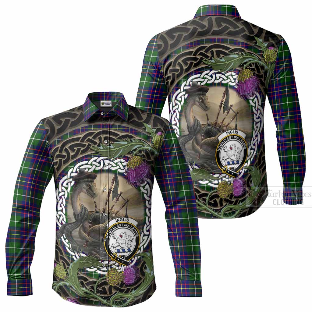 Inglis Tartan Crest Bagpipe Nessie Long Sleeve Button Shirts Scottish Loch Ness Monster Celtic Thistle