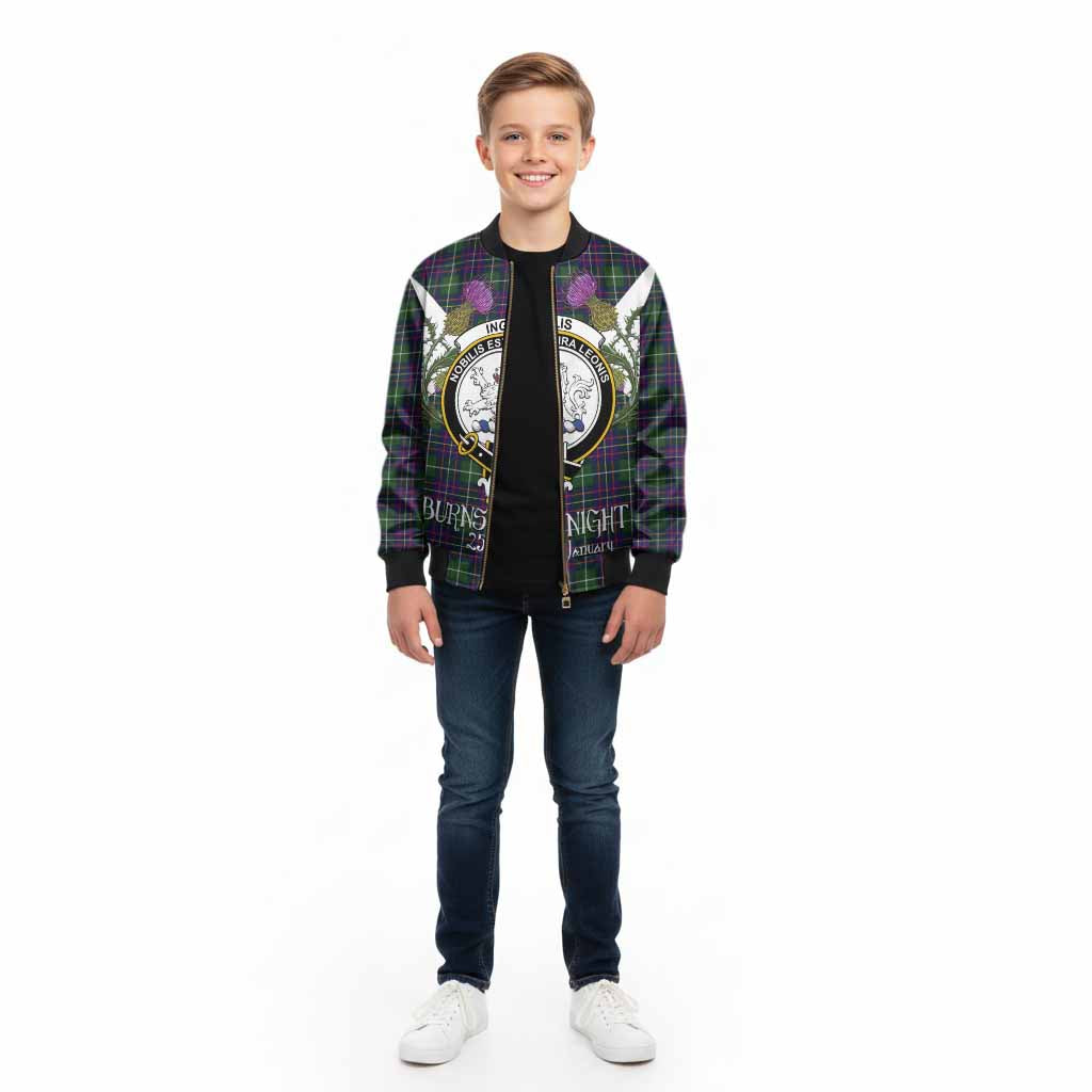 Inglis Tartan Family Crest Kid Bomber Jacket Scottish Burns Night Thistle Floral