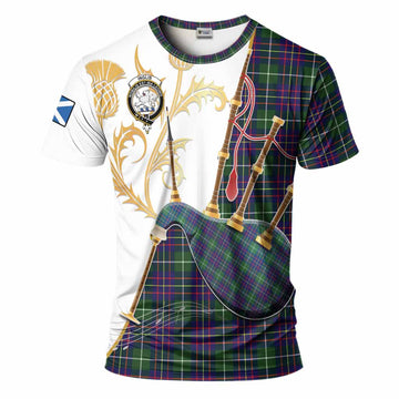 Inglis Tartan Family Crest T-Shirt Bagpipes with Scottish Thistle