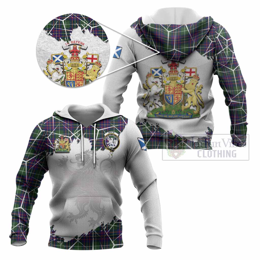 Inglis Tartan Knitted Hoodie with Family Crest and Lion Rampant Grunge Style