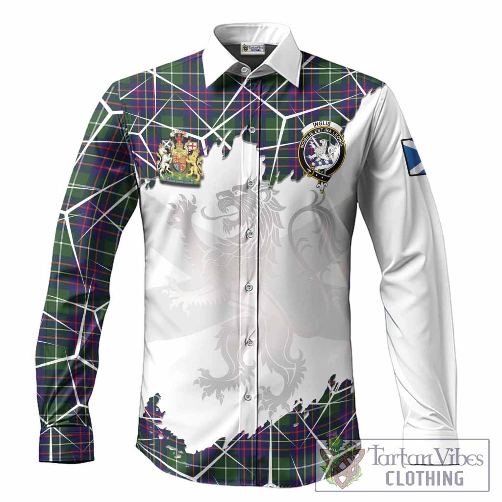 Inglis Tartan Long Sleeve Button Shirts with Family Crest and Lion Rampant Grunge Style