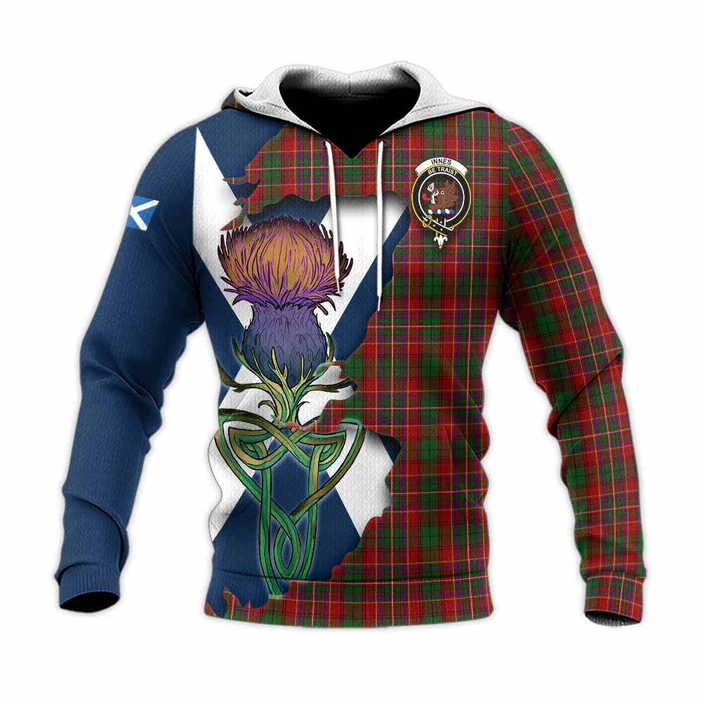 Tartan Vibes Clothing Innes Tartan Family Crest Knitted Hoodie Scottish Thistle Celtic Inspired