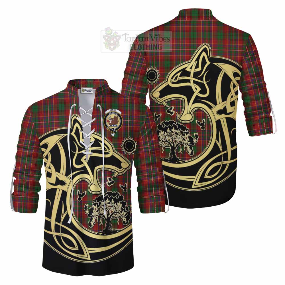 Tartan Vibes Clothing Innes Tartan Ghillie Kilt Shirt with Family Crest Celtic Wolf Style