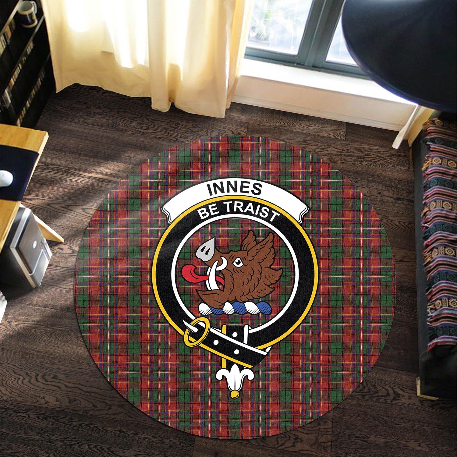 innes-tartan-round-rug-with-family-crest