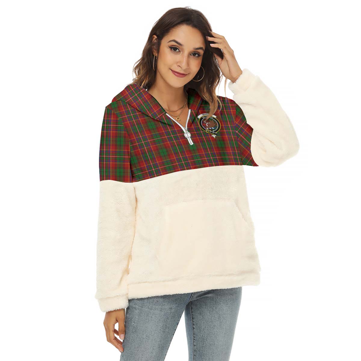 Innes Tartan Women's Borg Fleece Hoodie With Half Zip with Family Crest Female - Tartan Vibes Clothing