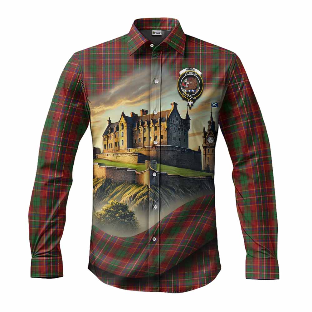 Tartan Vibes Clothing Innes Tartan Family Crest Long Sleeve Button Shirt with Scottish Ancient Castle Style