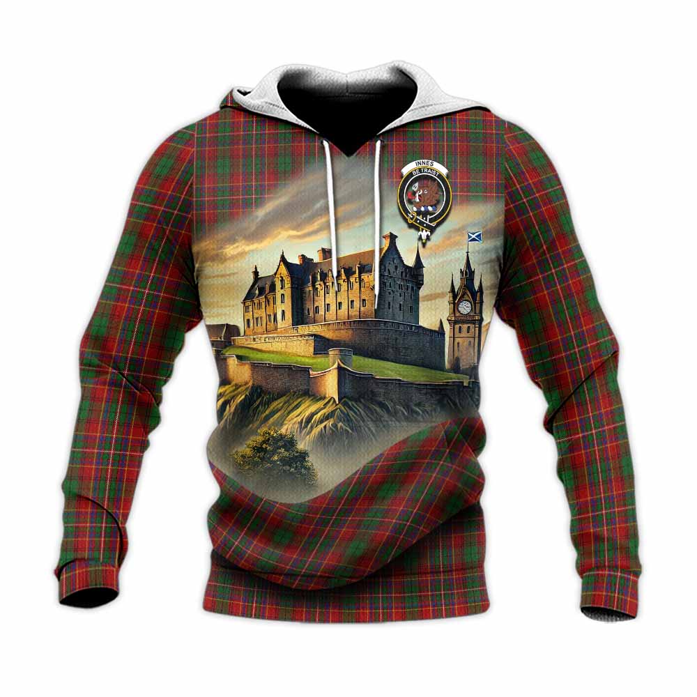 Tartan Vibes Clothing Innes Tartan Family Crest Knitted Hoodie with Scottish Ancient Castle Style