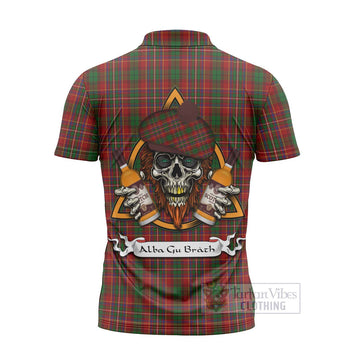 Innes Tartan Zipper Polo Shirt with Family Crest and Bearded Skull Holding Bottles of Whiskey