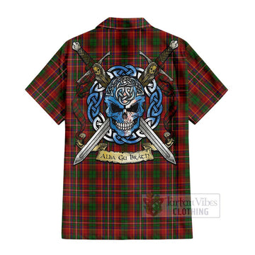 Tartan Vibes Clothing Innes Tartan Short Sleeve Button Shirt with Family Crest Celtic Skull Style