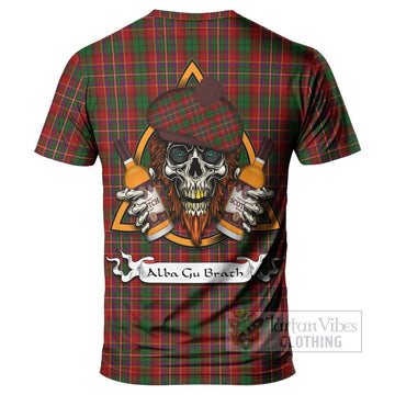 Innes Tartan T-Shirt with Family Crest and Bearded Skull Holding Bottles of Whiskey - Tartan Vibes Clothing