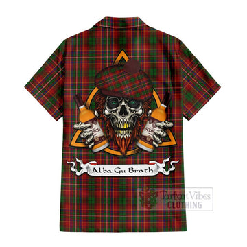 Tartan Vibes Clothing Innes Tartan Short Sleeve Button Shirt with Family Crest and Bearded Skull Holding Bottles of Whiskey