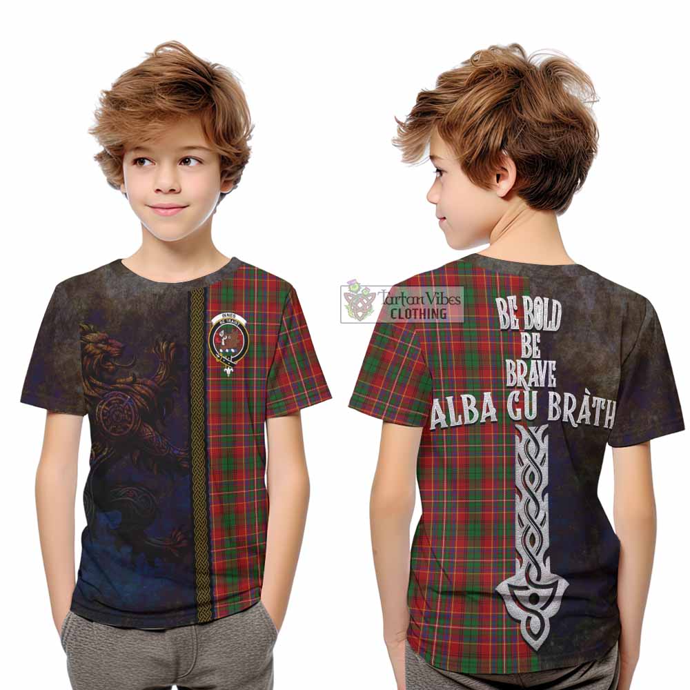 Tartan Vibes Clothing Innes Tartan Family Crest Kid T-Shirt Alba Gu Brath Be Brave Lion Ancient Style
