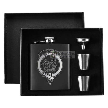 Tartan Vibes Clothing Innes Crest Hip Flask Set 7oz Black Stainless Steel with A Gift Box