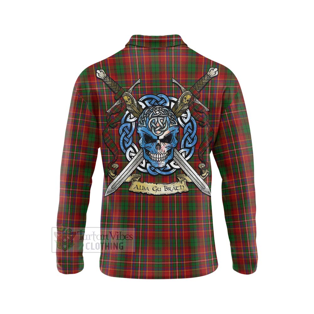 Tartan Vibes Clothing Innes Tartan Long Sleeve Polo Shirt with Family Crest Celtic Skull Style