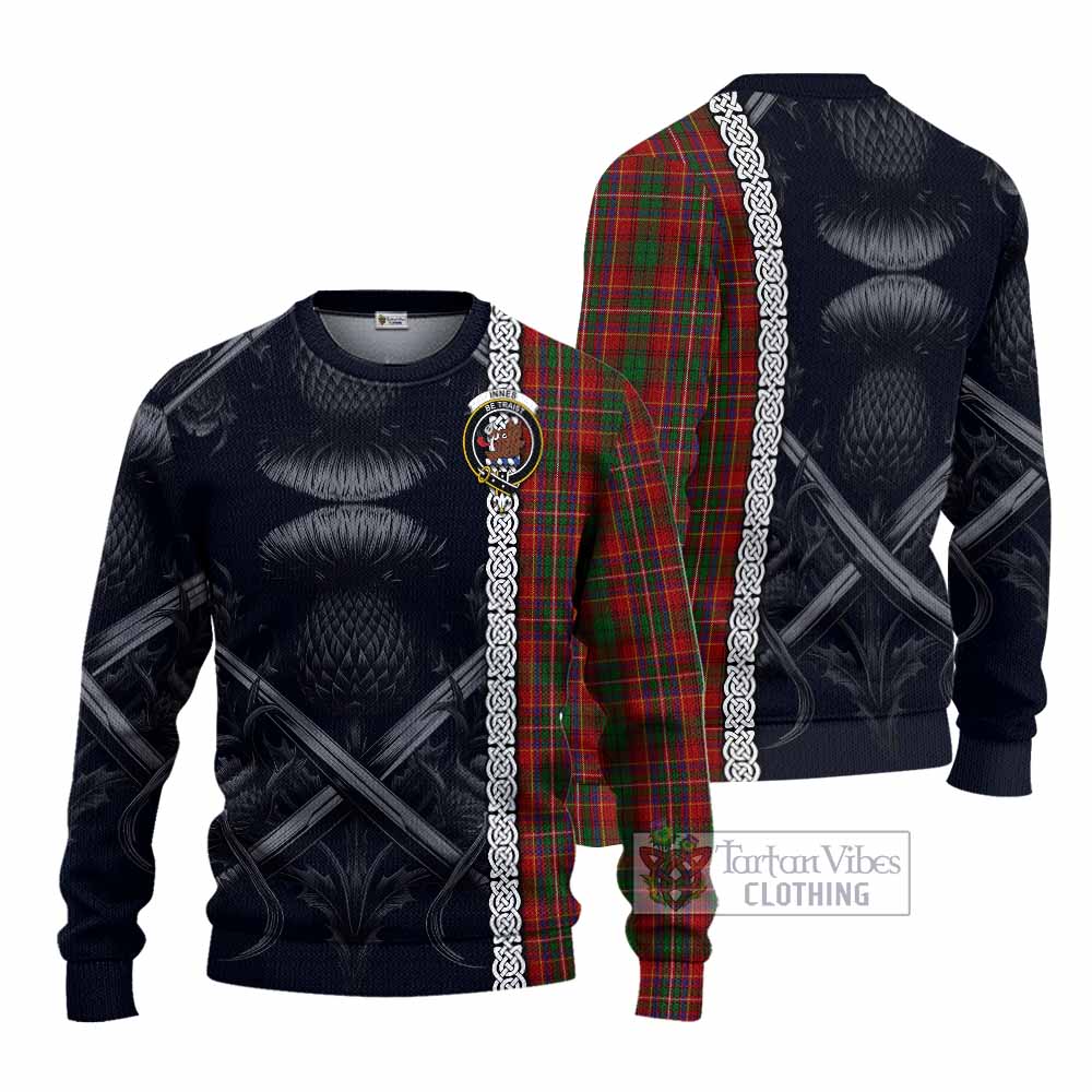 Tartan Vibes Clothing Innes Tartan Knitted Sweater with Family Crest Cross Sword Thistle Celtic Vibes