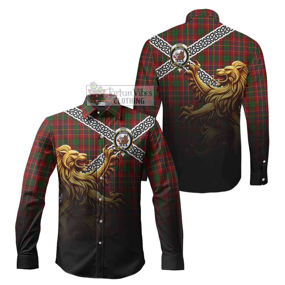 Tartan Vibes Clothing Innes Crest Tartan Long Sleeve Button Shirt with Golden Lion Emblem Celtic Style