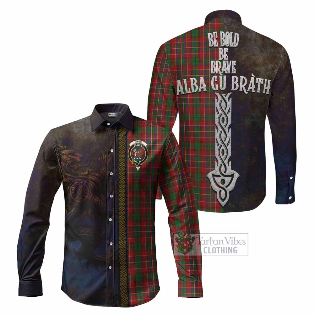 Tartan Vibes Clothing Innes Tartan Family Crest Long Sleeve Button Shirt Alba Gu Brath Be Brave Lion Ancient Style
