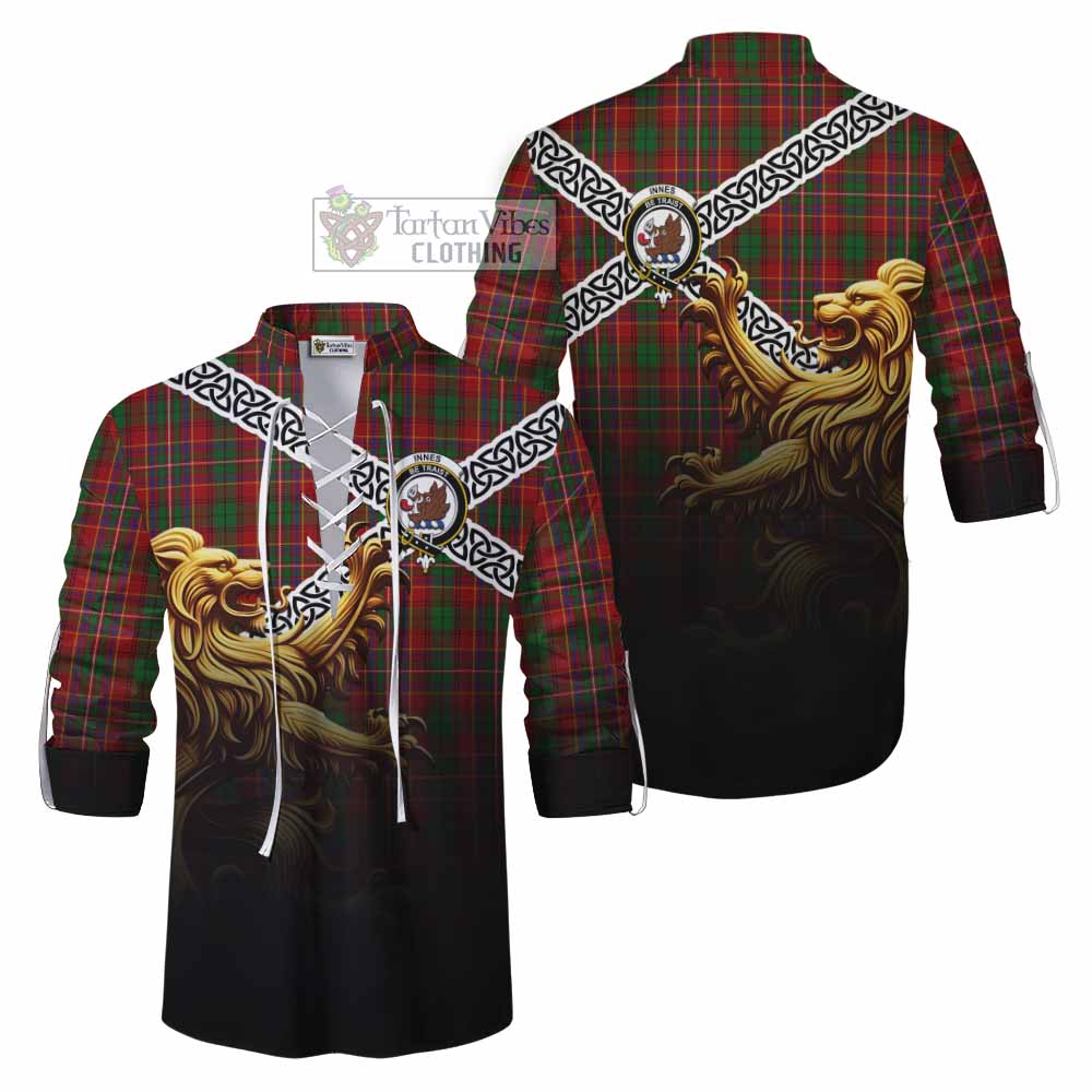 Tartan Vibes Clothing Innes Crest Tartan Ghillie Kilt Shirt with Golden Lion Emblem Celtic Style