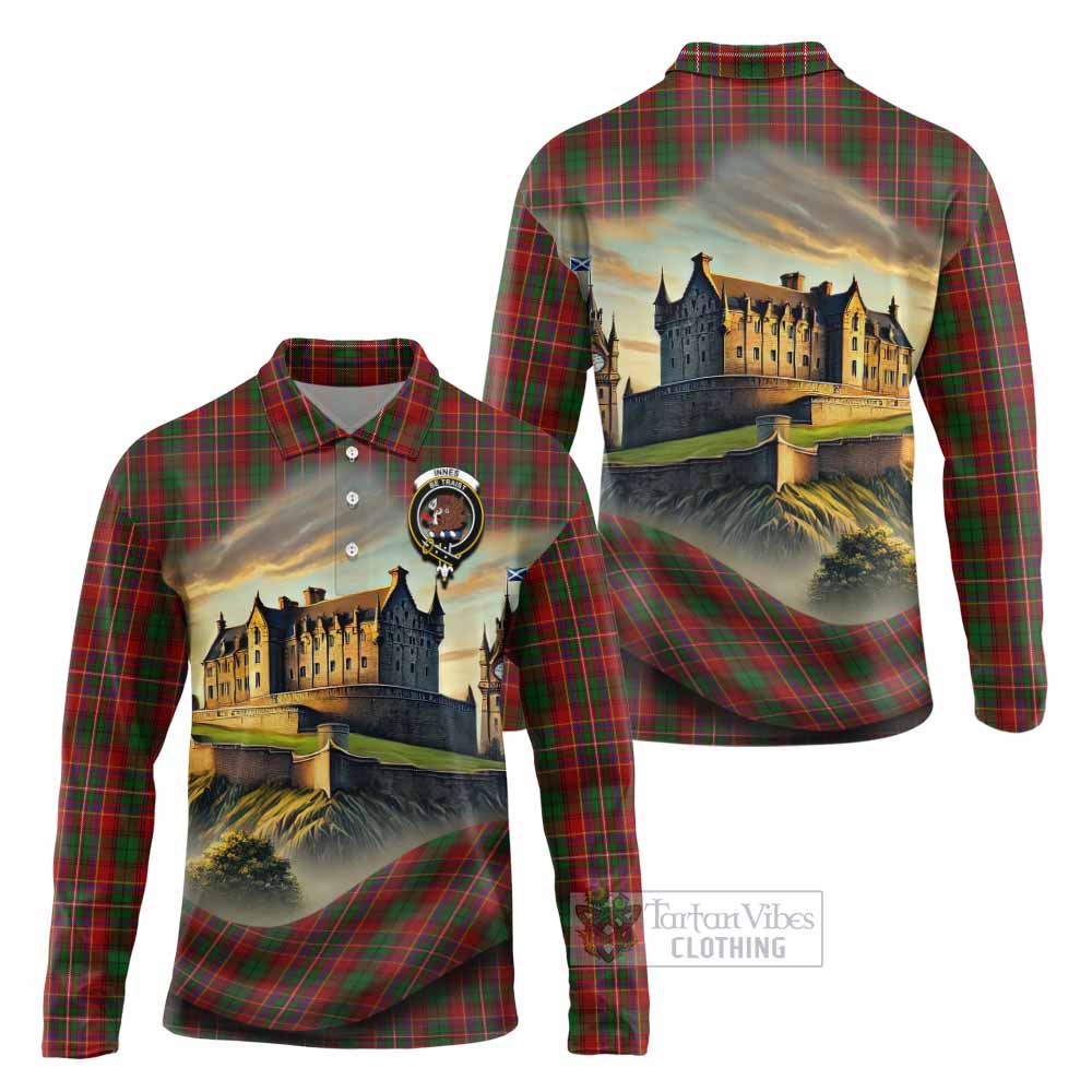 Tartan Vibes Clothing Innes Tartan Family Crest Long Sleeve Polo Shirt with Scottish Ancient Castle Style
