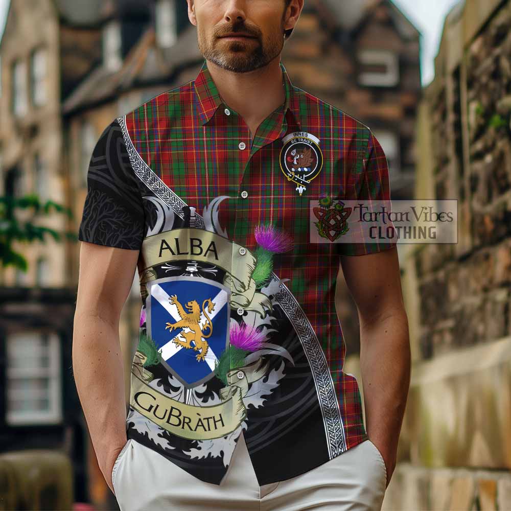 Tartan Vibes Clothing Innes Tartan Family Crest Short Sleeve Button Shirt Lion Rampant Royal Thistle Shield Celtic Inspired