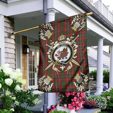 Innes Tartan Garden Flag with Family Crest and Golden Thistle Crossed Sword Design