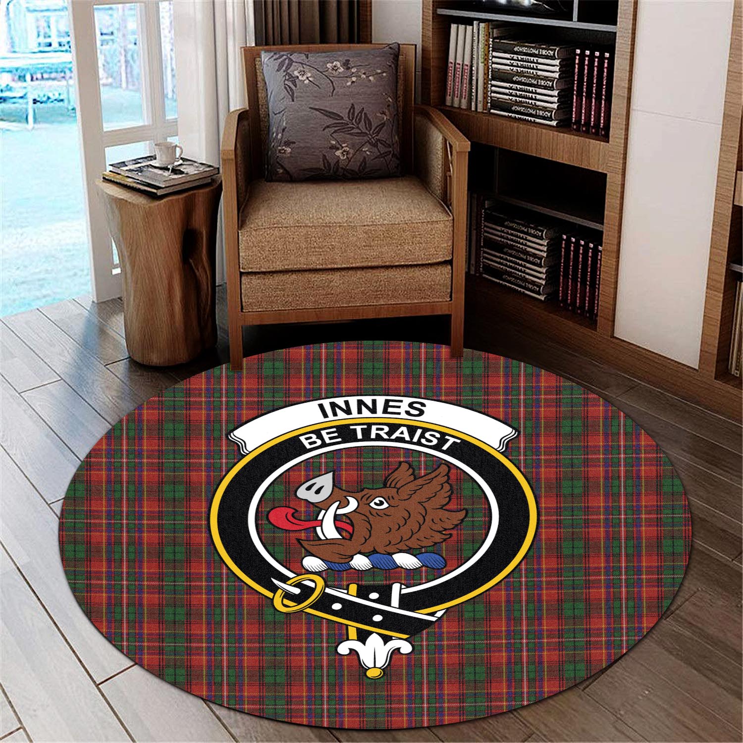 innes-tartan-round-rug-with-family-crest