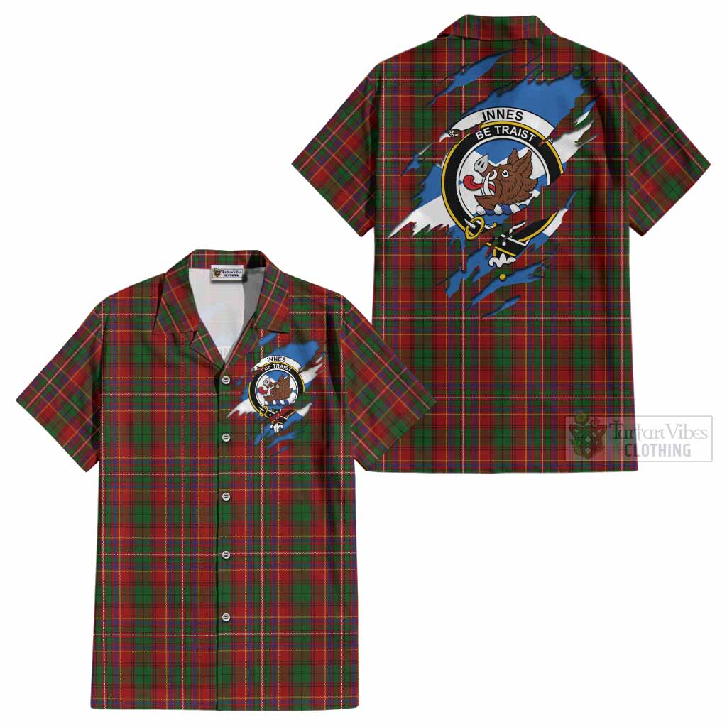 Innes Clan Crest In Me Tartan Cotton Hawaiian Shirt Scotland Flag Style