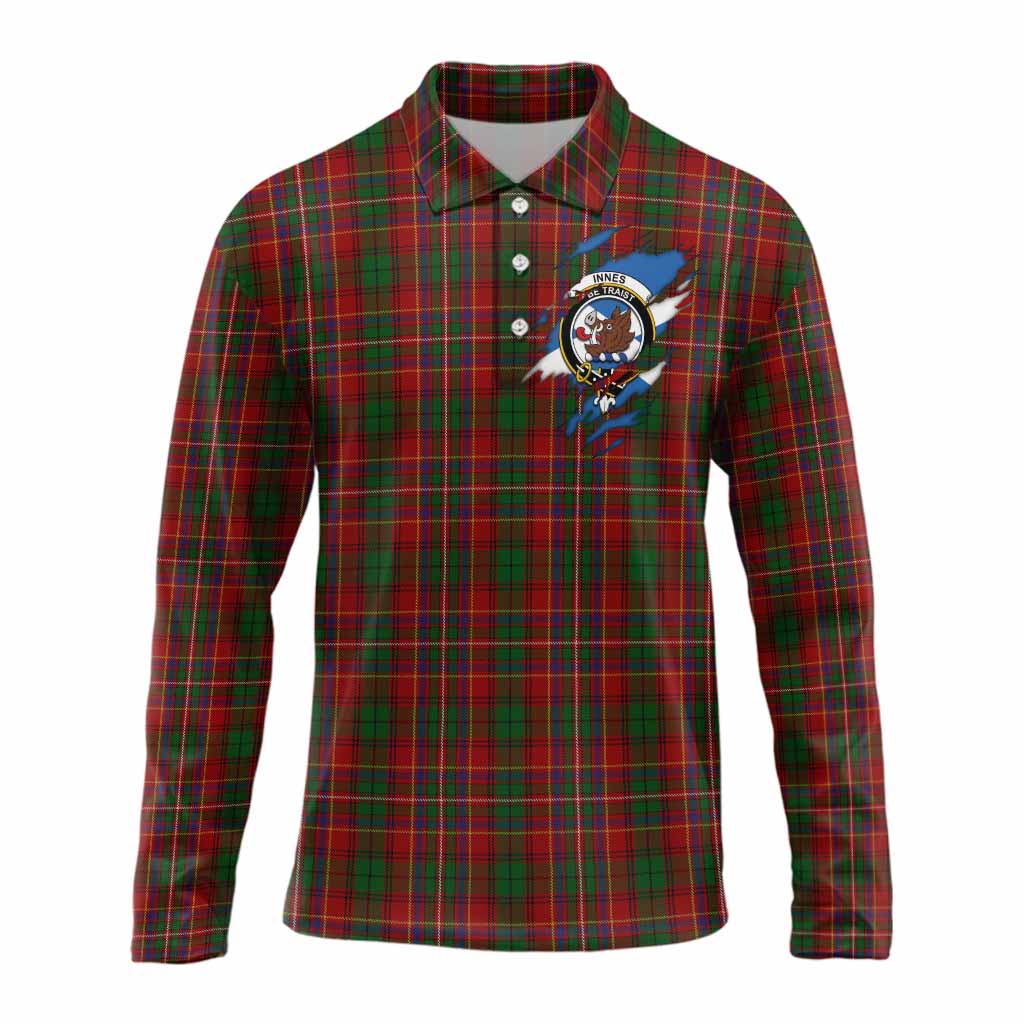 Innes Clan Crest In Me Tartan Long Sleeve Polo Shirt Scotland Flag Style