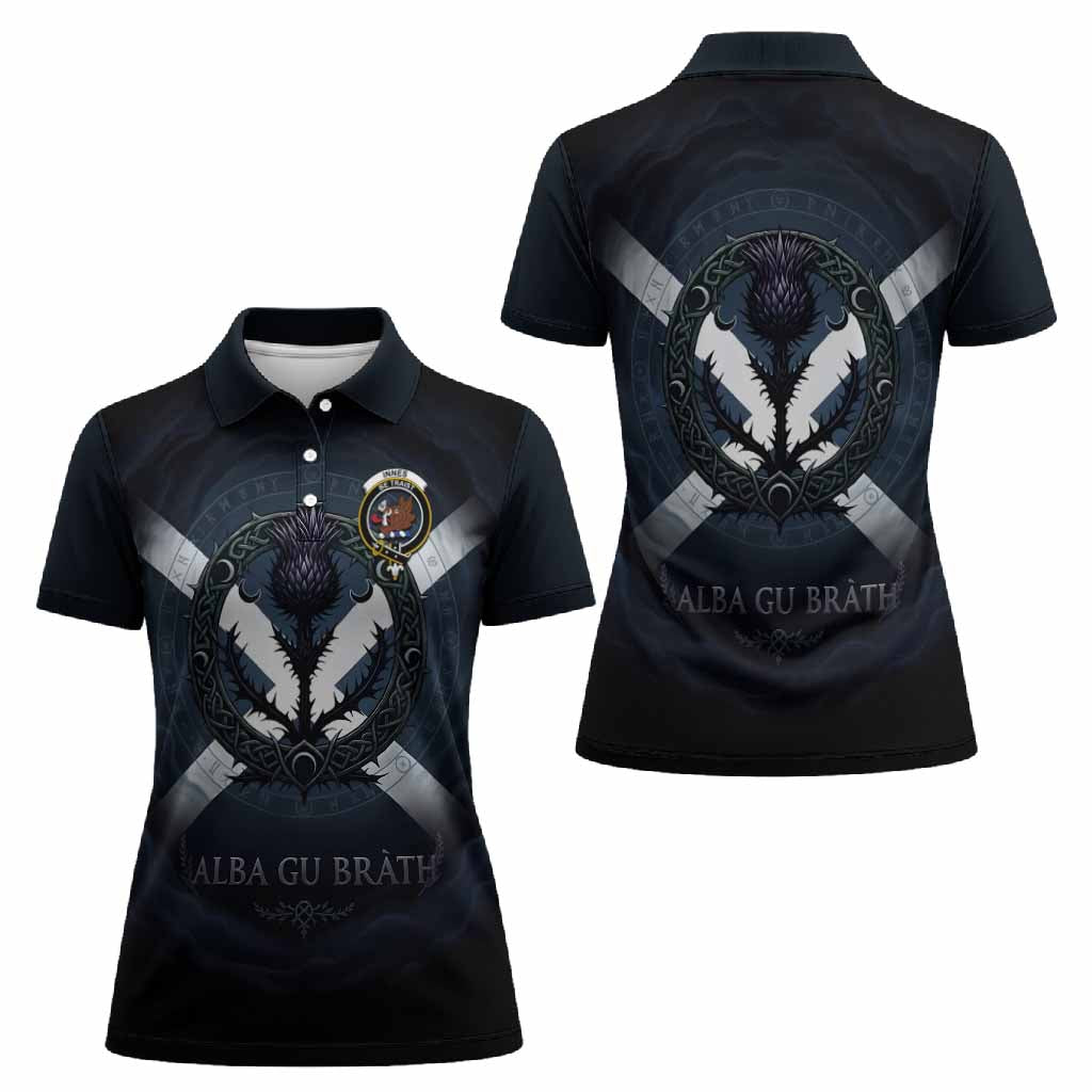Innes Clan Crest Women Polo Shirt with Celtic Knot Thistle and Saltire