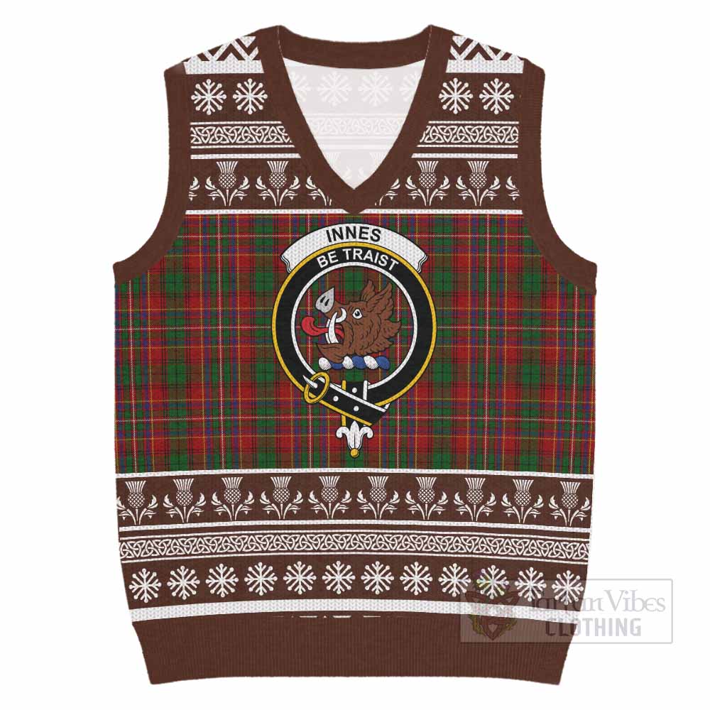 Innes Clan Tartan Christmas Knitted V-Neck Vest with Family Crest - Tartan Vibes Clothing