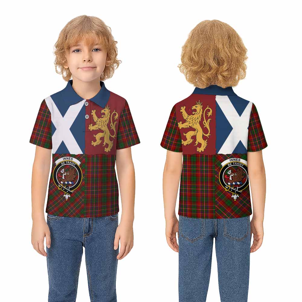 Innes Crest Tartan Kid Polo Shirt with Lion Rampant Saltire Style - Tartan Vibes Clothing