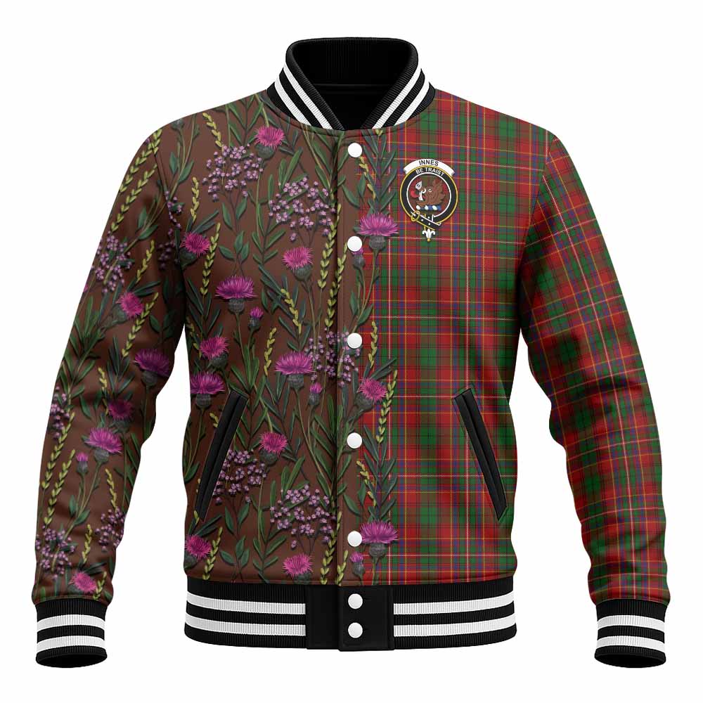 Innes Family Crest Tartan Baseball Jacket Scottish Thistle Flower Pattern Half Style - Tartan Vibes Clothing