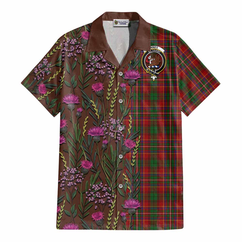 Innes Family Crest Tartan Cotton Hawaiian Shirt Scottish Thistle Flower Pattern Half Style - Tartan Vibes Clothing