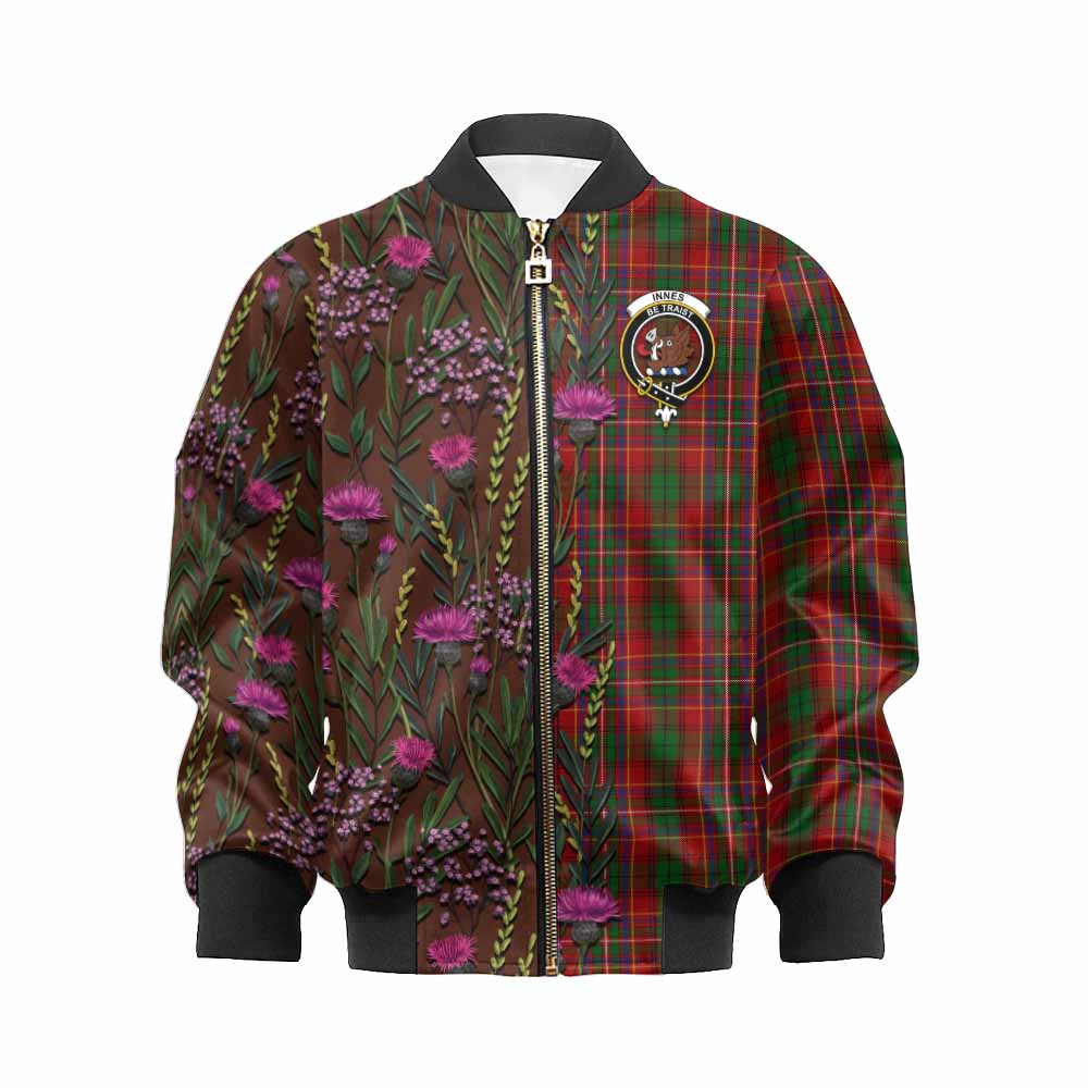 Innes Family Crest Tartan Kid Bomber Jacket Scottish Thistle Flower Pattern Half Style - Tartan Vibes Clothing