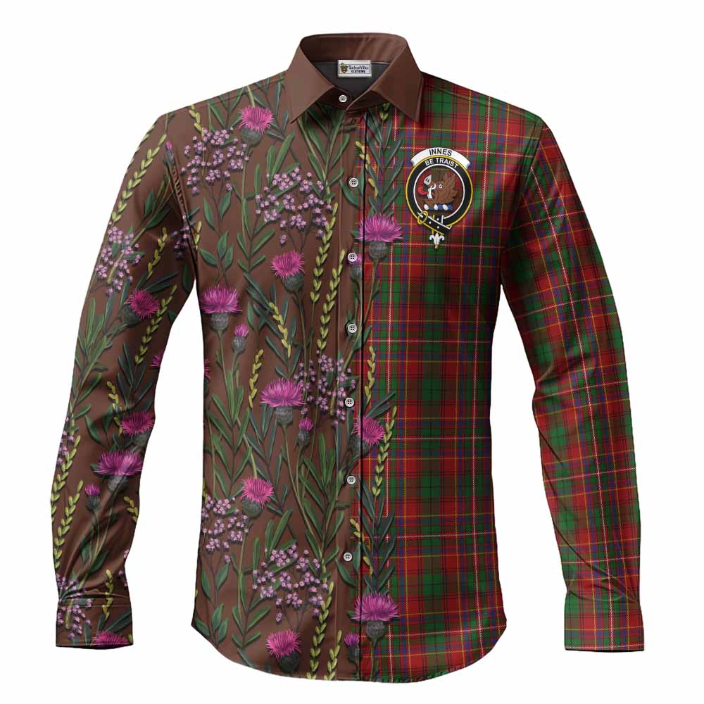 Innes Family Crest Tartan Long Sleeve Button Shirts Scottish Thistle Flower Pattern Half Style - Tartan Vibes Clothing