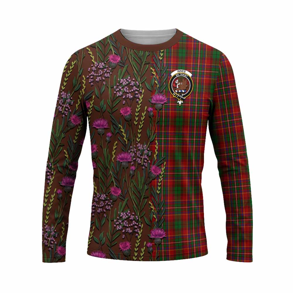 Innes Family Crest Tartan Long Sleeve T-Shirt Scottish Thistle Flower Pattern Half Style - Tartan Vibes Clothing