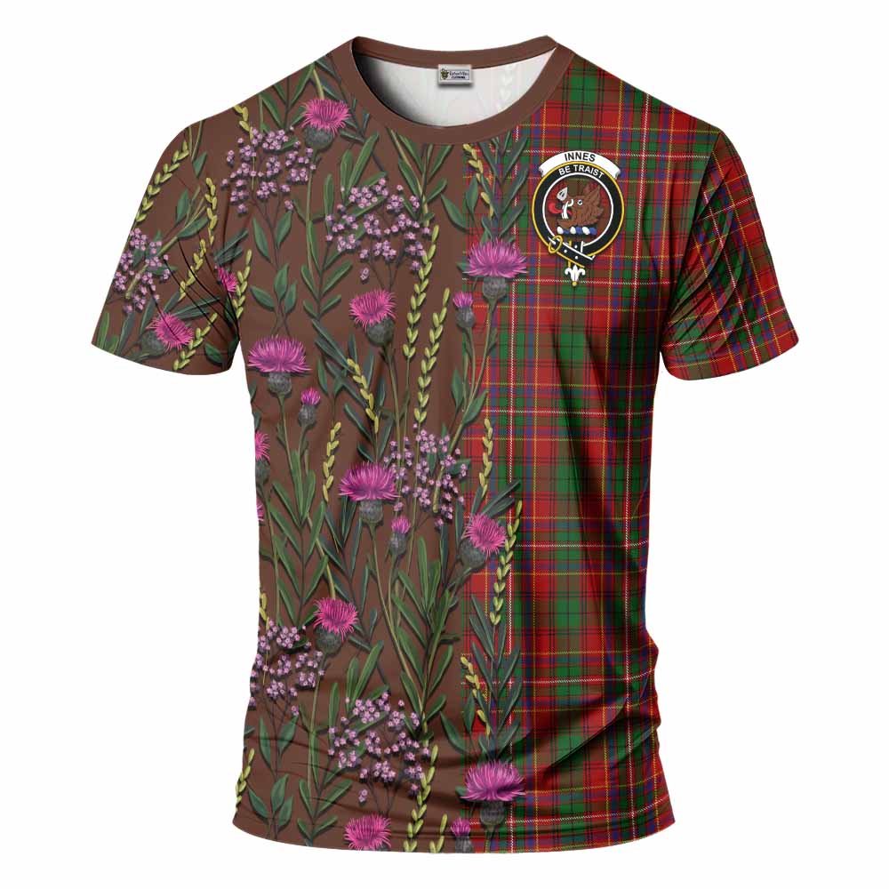 Innes Family Crest Tartan T-Shirt Scottish Thistle Flower Pattern Half Style - Tartan Vibes Clothing
