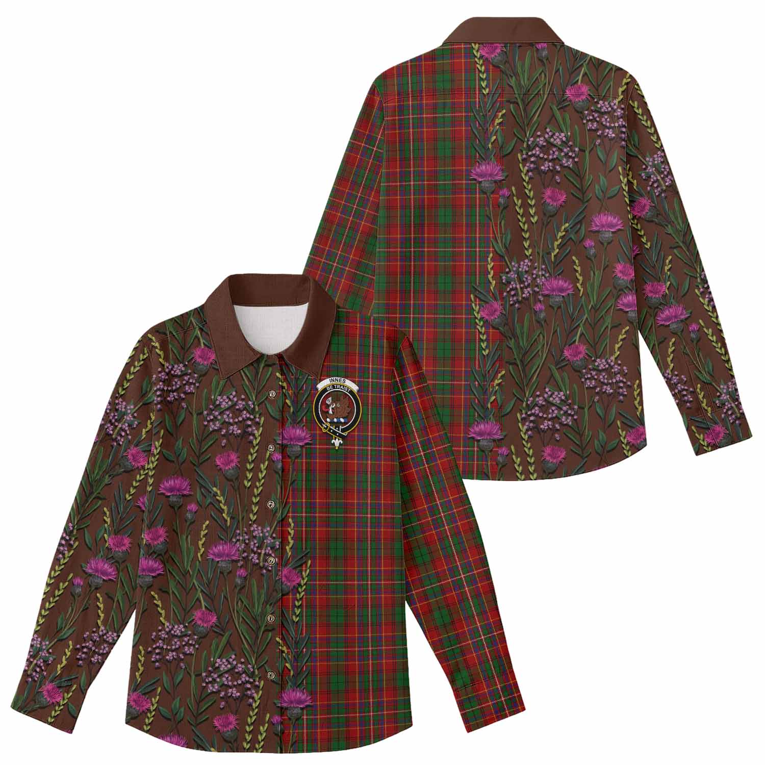 Innes Family Crest Tartan Women Casual Shirt Scottish Thistle Flower Pattern Half Style - Tartan Vibes Clothing