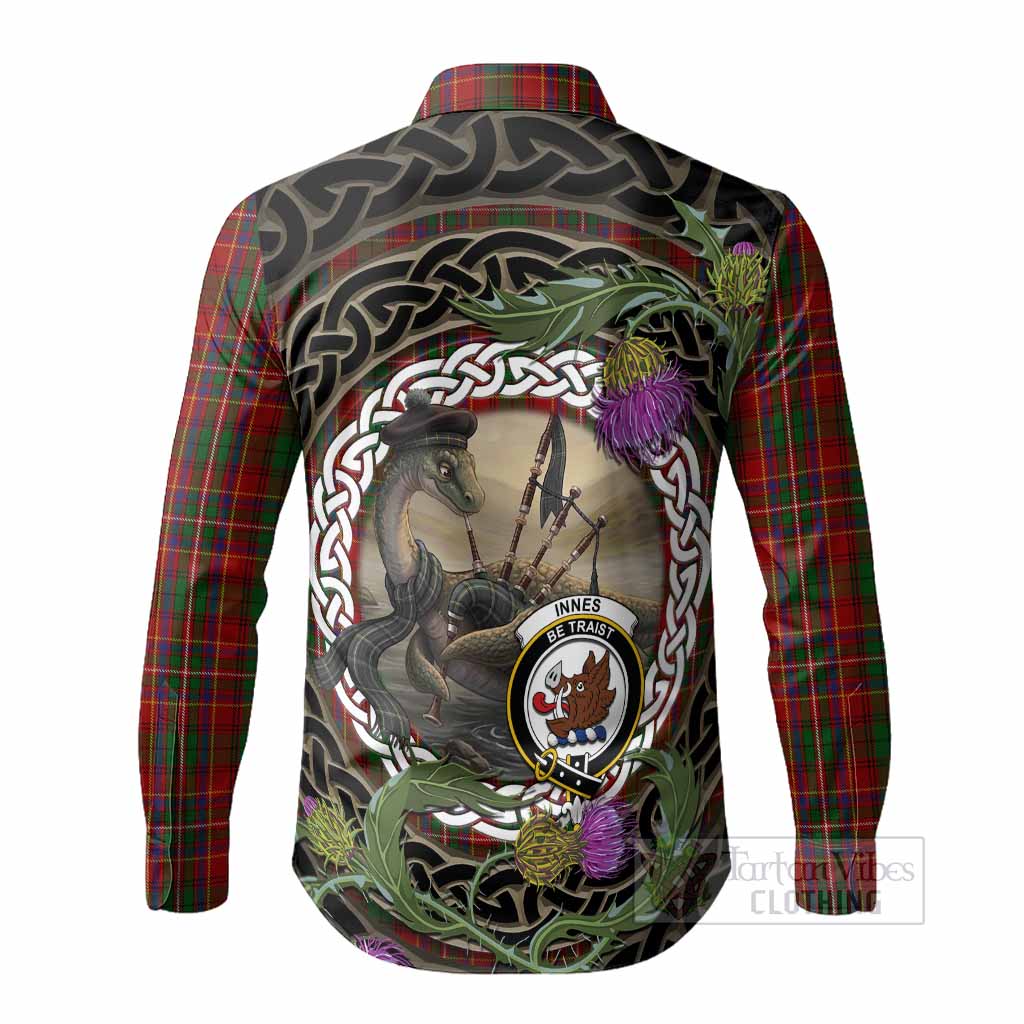 Innes Tartan Crest Bagpipe Nessie Long Sleeve Button Shirts Scottish Loch Ness Monster Celtic Thistle