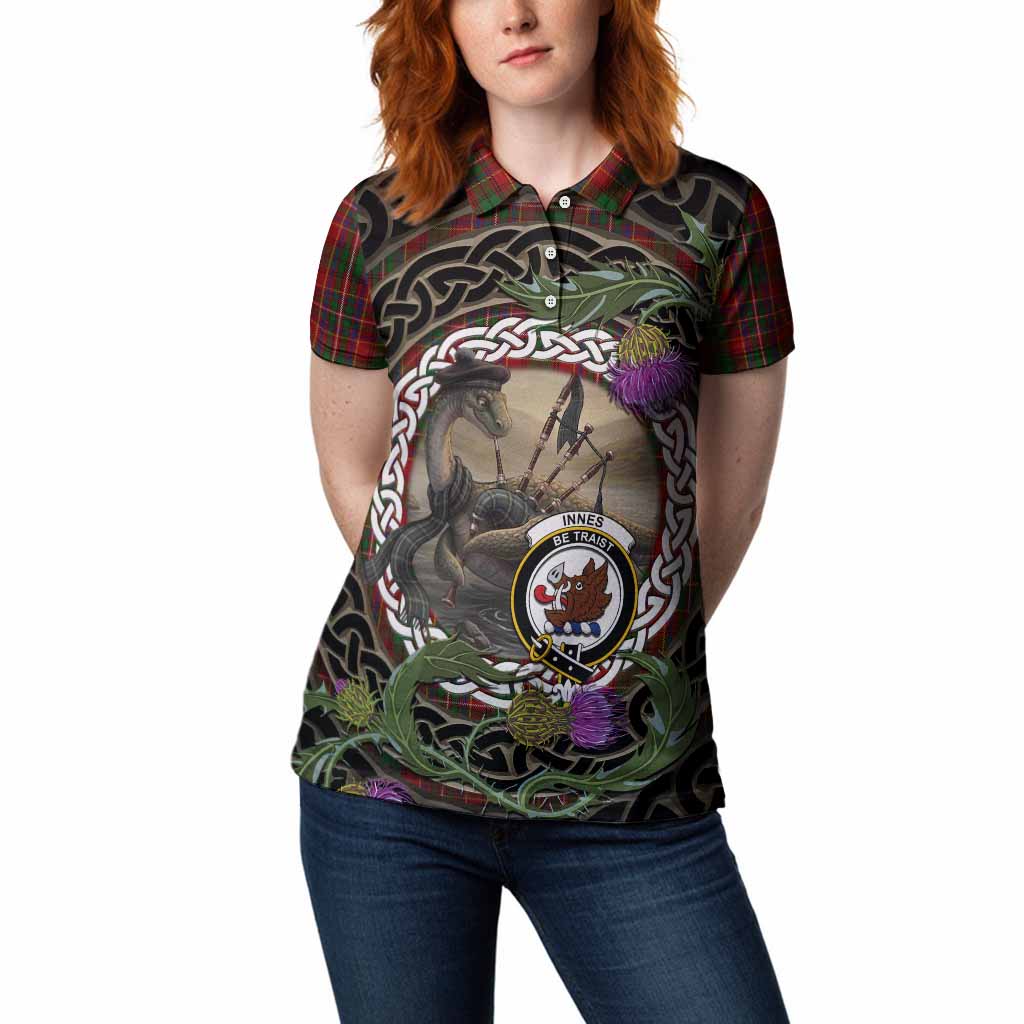 Innes Tartan Crest Bagpipe Nessie Women Polo Shirt Scottish Loch Ness Monster Celtic Thistle