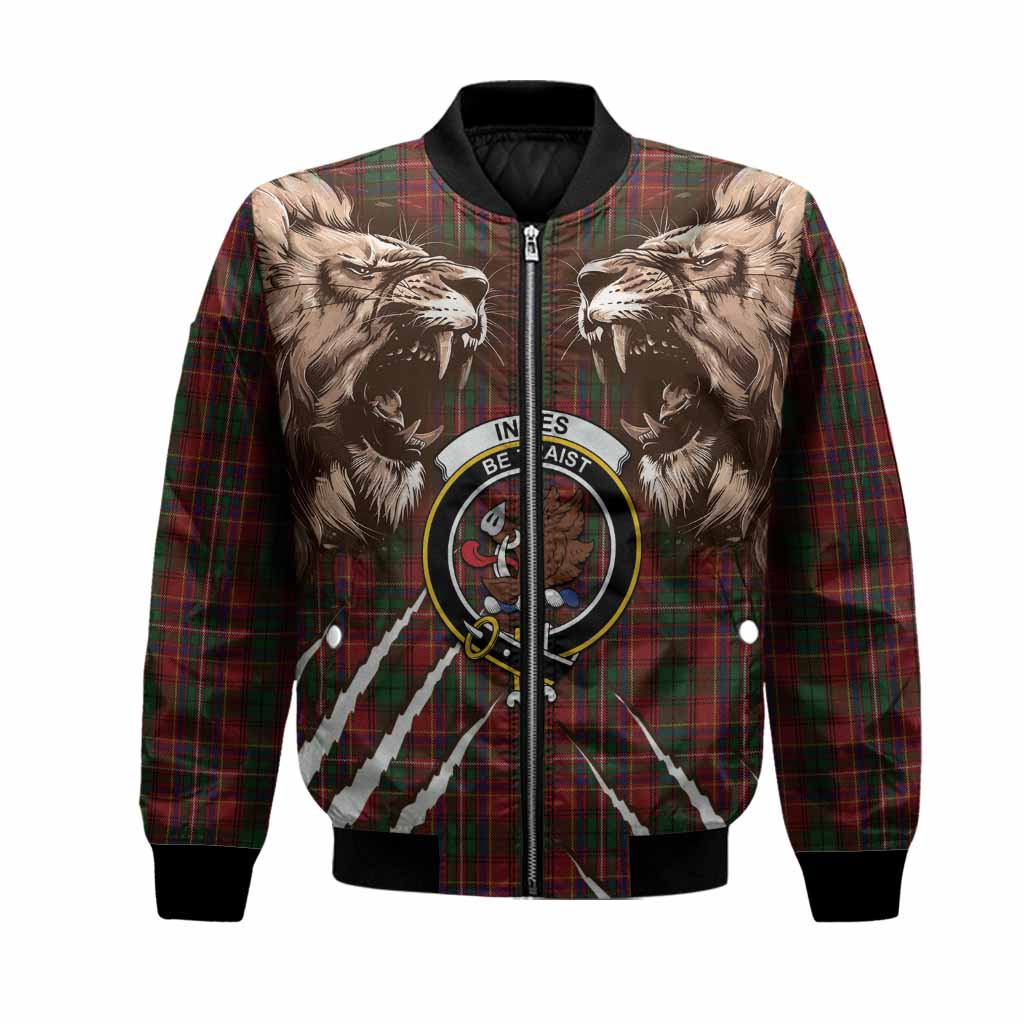 Innes Tartan Crest Bomber Jacket Ferocious Lion Style