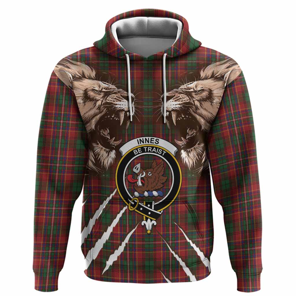 Innes Tartan Crest Hoodie Ferocious Lion Style