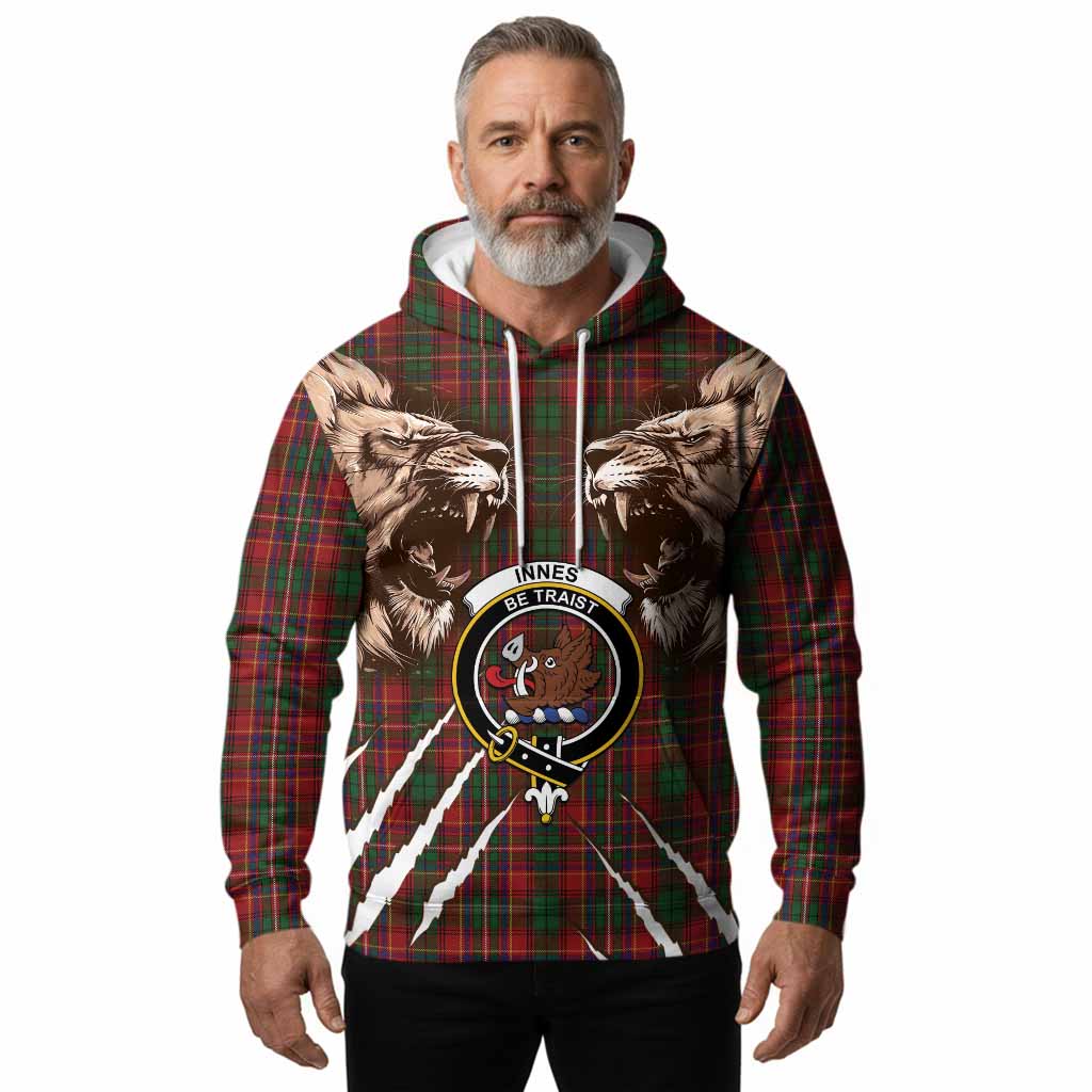 Innes Tartan Crest Hoodie Ferocious Lion Style